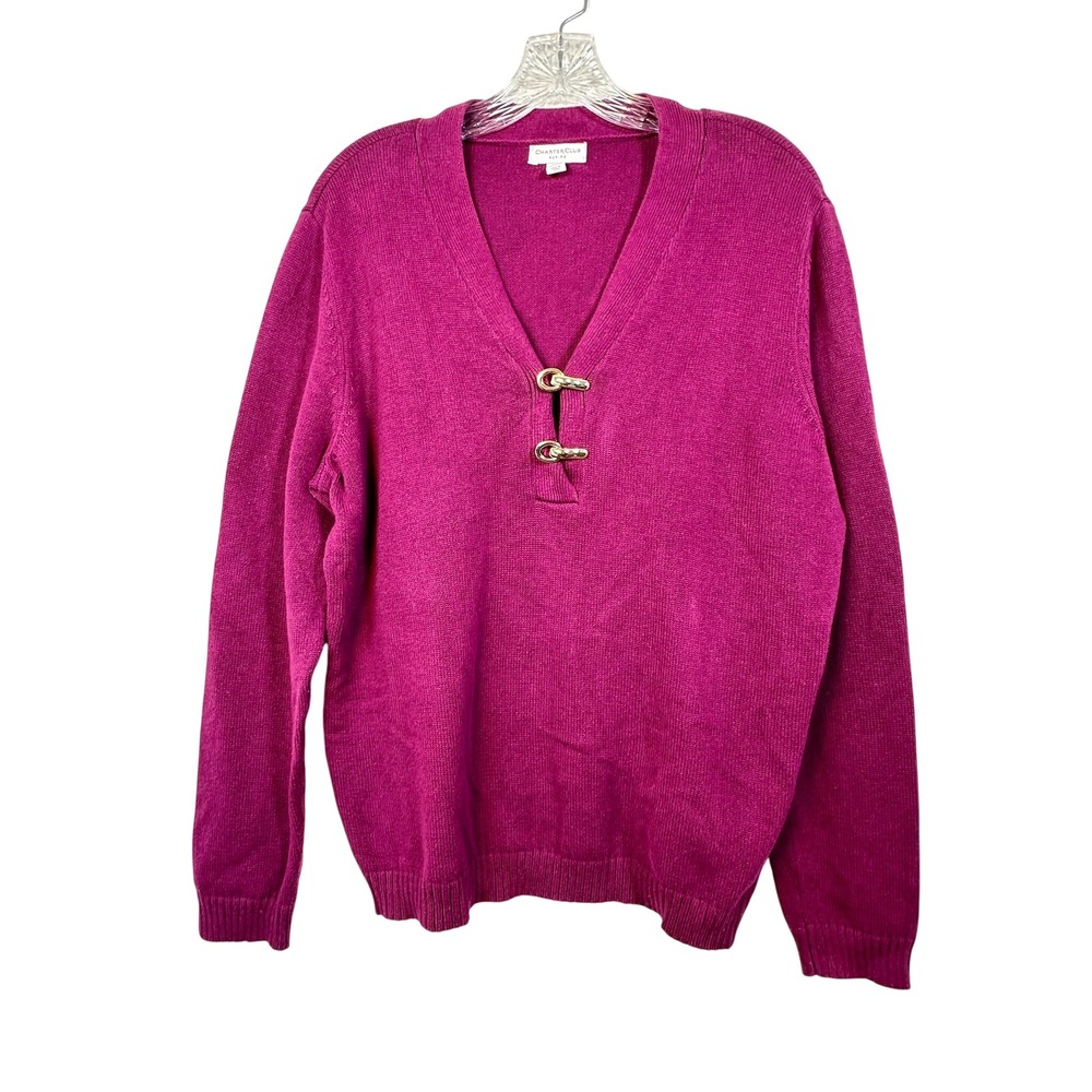 Charter Club Petite Magenta V-Neck Toggle Sweater‎ Purple Cotton Blend P/XL